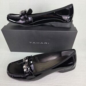 Tahari Black Patent Leather Loafers Women's 10 Rhinestones Preppy Secretary